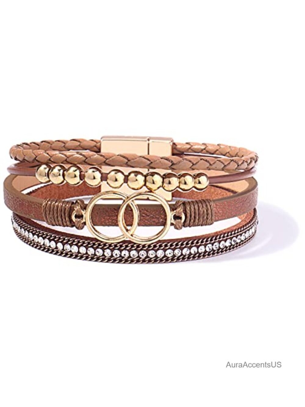 Boho Leather Wrap Bracelet Stackable 4-in-1 Infinity Charm Magnetic Clasp